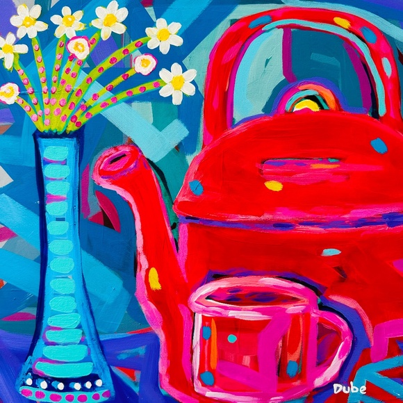 Modern Abstract Red Teapot Cup & Flowers 12"x 12" Cradled Wood Panel 12" x 12" - Picture 1 of 11